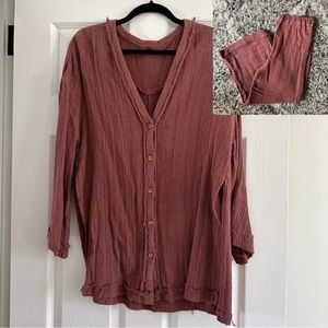 Free People Dusty Rose Textured Button-Front Jumpsuit Set